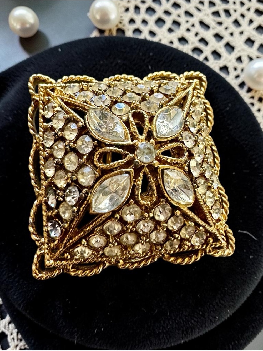 Vintage Gold-Tone Marquise Rhinestone Brooch